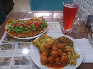 Dish with '3 Options', plus vegan Lahmacun. at Vegan Istanbul in Istanbul