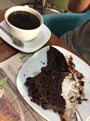 Choc cake and brownie with Americano at Vegan Istanbul in Istanbul