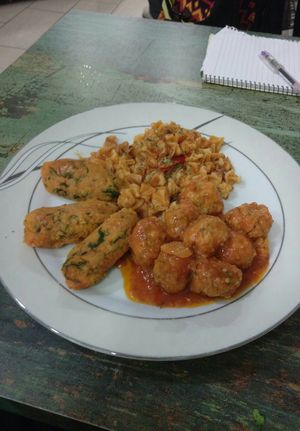 Pasta, "meat" balls, and carrot "kebab" at Vegan Istanbul in Istanbul