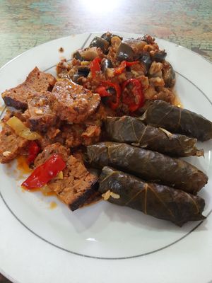 Sarma, eggplants with soy mincemeat and veggies, seitan at Vegan Istanbul in Istanbul