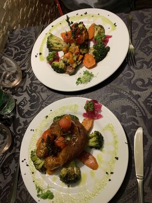 Stuffed eggplant and vegan alheira   at Metamorphosis in Sintra