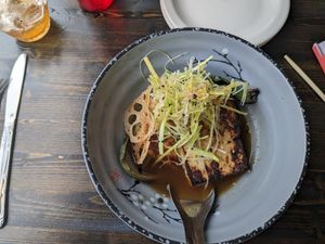 Vegasm of mushroom broth, lotus root and tofu steak at Tongue in Cheek in St Paul