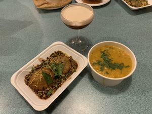 Tarka dahl, Aloo & dahl kachori & chaispresso martini (all vegan & gf)  at Bundobust in Manchester