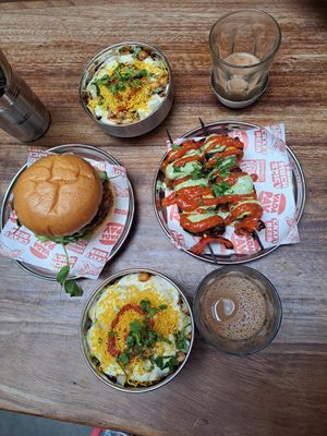 Bhaji butty, paneer tikka skewers, chai, bundo chaat. at Bundobust in Manchester