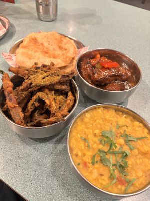 Tarka Dall, okra fries and puri  at Bundobust in Manchester