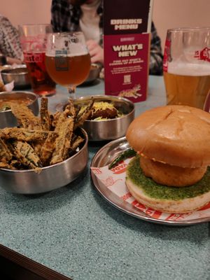 Burger, ocra fries at Bundobust in Manchester