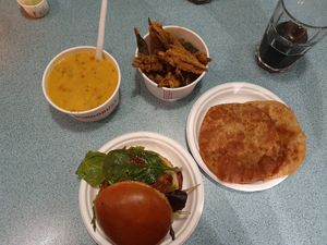 Bhaji burger. Okra fries, puri at Bundobust in Manchester
