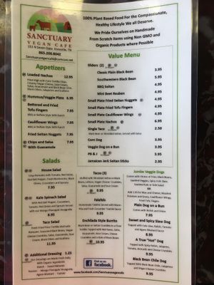 Menu Front at Sanctuary Vegan Cafe in Knoxville