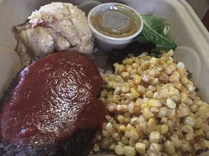 Lentil Meatloaf with Corn, Mashed Potatoes, and Gravy at Sanctuary Vegan Cafe in Knoxville