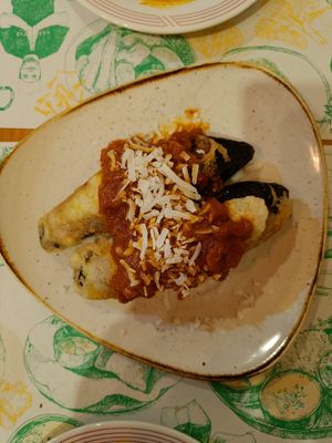 Vegan house speciality stuffed eggplant with vegan cheese at Aashirwad in Kanazawa