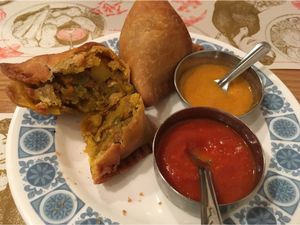 Vegetable samosas. Tomato and sesame chutney. at Aashirwad in Kanazawa