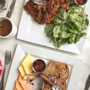 Pain doré et Gaufre au ";poulet"; frit at Vegano in Montreal