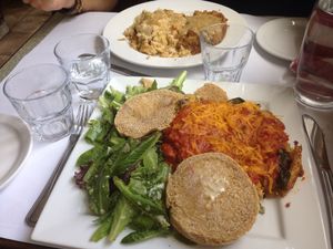 Burger ??? & omelet pizza at Vegano in Montreal