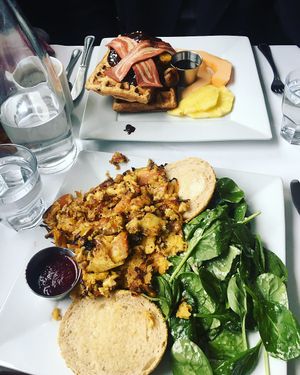 The omelet and chocolate banana waffles  at Vegano in Montreal