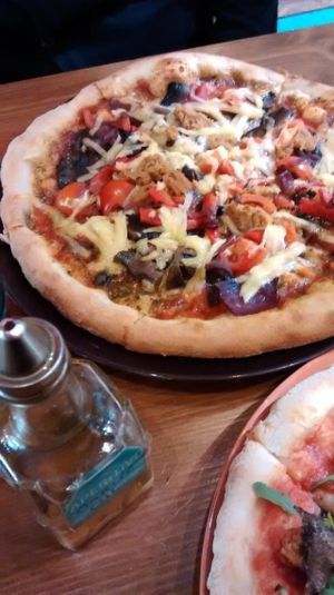 Vegan pizza with extra sausage and cheese at Stoned Pizza in Dublin