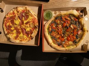 Vegan meat feast (left) and vegan mix (right) with pesto and tomato base at Stoned Pizza in Dublin