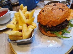 Bean burger & chips. at The Apple Pie in Ambleside