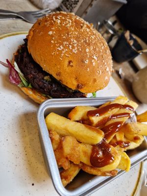 Bean burger & chips. at The Apple Pie in Ambleside