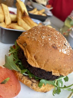 mexican bean burger with salad and jalapeno-corn salsa  at The Apple Pie in Ambleside