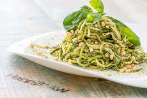 Spaghetti al pesto raw at HappyRaw Natural Restaurant in Faenza