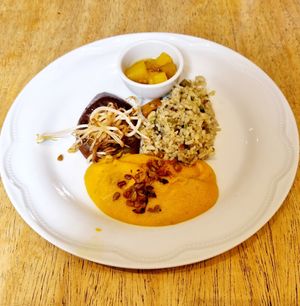 Prato principal: purê de cenoura e batata com massala e parmesão do mantra + berinjela na chapa com shimeji e broto de feijão + arroz com abacaxi e coco + chutney de maçã e ab at Mantra Gastronomia e Arte in Porto Alegre