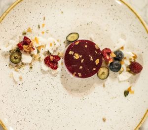 rasbery and coconut milk panna cotta at Alive in Vilnius