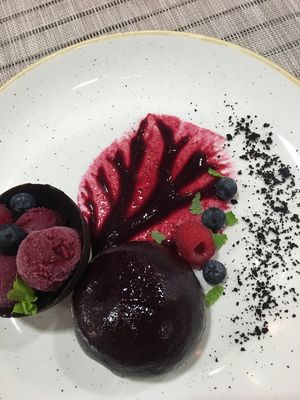 The chocolate sphere dessert with rasberry&mint sorbet  at Alive in Vilnius