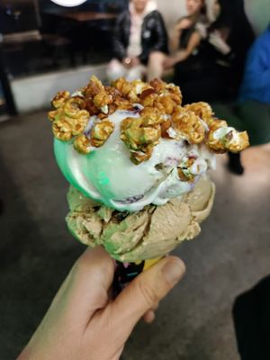 Espresso macadamia on the bottom, blueberry cheesecake popcorn on top at Girls and Boys in Fitzroy