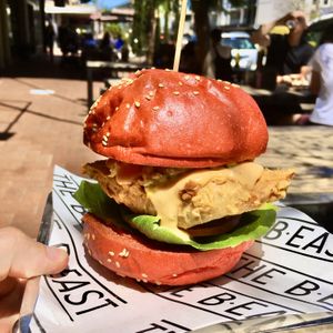The MORRISSEY - southern fried mock chicken, sweet corn relish, lettuce, tomato & B.East special sauce at The b.east in Brunswick East