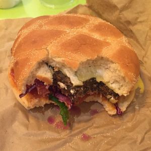 I couldn't wait to start so photo came after two munches!! at GreenBurger - Vesterbrogade in Copenhagen