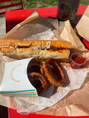 Philly Cheesesteak & Onion Rings at HipCityVeg - Broad St in Philadelphia