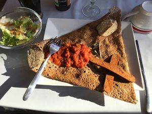 Vegan galette with vegan meguez, hummus... at Ty Veg in Perros-guirec