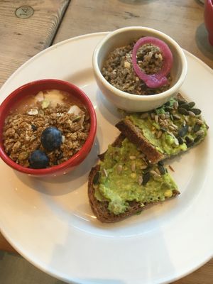 part of vegan brunch (yogurt, lentil spread and avocado toast)   at Le Pain Quotidien - Gelderlandplein in Amsterdam