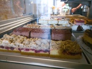 Many cakes, a few vegan ones.  at Muellers Cafe in Schwerin