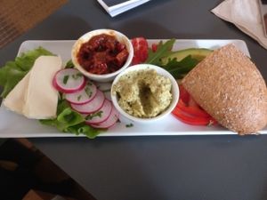 Vegan breakfast with zucchini-cashew and paprika spreads at Muellers Cafe in Schwerin