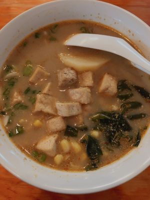 Vegan ramen with rice noodles and fry tofu at V-Ramen - Alvaro Obregon in Mexico City