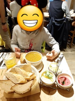 Vegan sharing plate and a lentil spinDahl soup at Le Pain Quotidien - Holborn in London