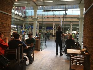 Inside, looking out to station at Le Pain Quotidien - St Pancras in North London