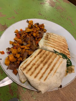 Vegan burrito this is the move it has such good flavor with the sweet potato hash also a classic at Be Well Bakery & Cafe in Huntingdon Valley