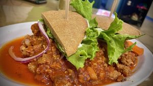 Octavio's Fiesta:
Meatballs, Bolivian Sauce with "Sandwich Stuffing"  at Leonor's Mexican Restaurant in North Hollywood