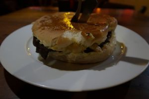 Beans x burger with fries (inside) at Mister X in Porto Alegre