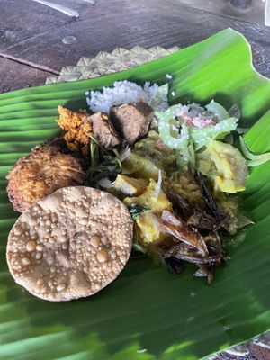 Plate with all the vegan options   at Gami Gedara in Polonnaruwa