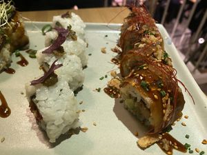 Bacon Sushi on the right  at MakiMaki Sushi Green in Cologne