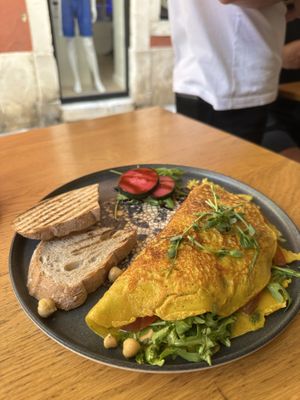Vegan omelette with chickpeas, hummus, bbq sauce and smoked tofu.   at Coffee&Cake in Zadar