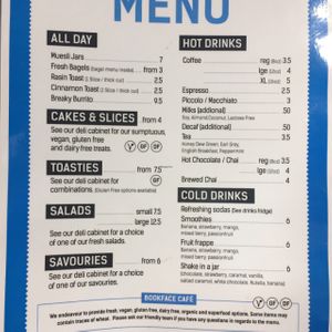 Menu at Bookface Cafe in Port Macquarie