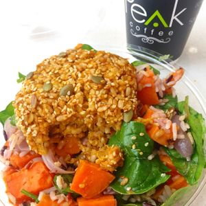 Pumpkin and brown rice pattie with salad (vegan) at Bookface Cafe in Port Macquarie