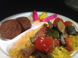 Grilled Veggie Platter
Homemade hummus, 2 falafels, pickled turnips, vegan rice  pilaf and a la plancha ratatouille veggies. So deliciously vegan! at Saca's Mediterranean Cuisine in Claremont