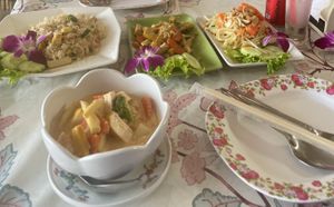Tofu Fried Rice (no egg), Tofu Red Curry, Tofu stir fried with Garlic and Papaya Salad (no fish sauce).  at Jungle Kitchen in Ao Nang