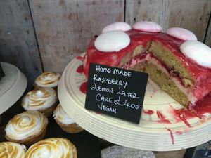 Vegan raspberry lemon layer cake at Our Cornish Pasty Shop in Brighton