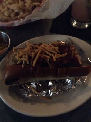 vegan dog with vegan chili and vegan cheese  at Frank in San Antonio